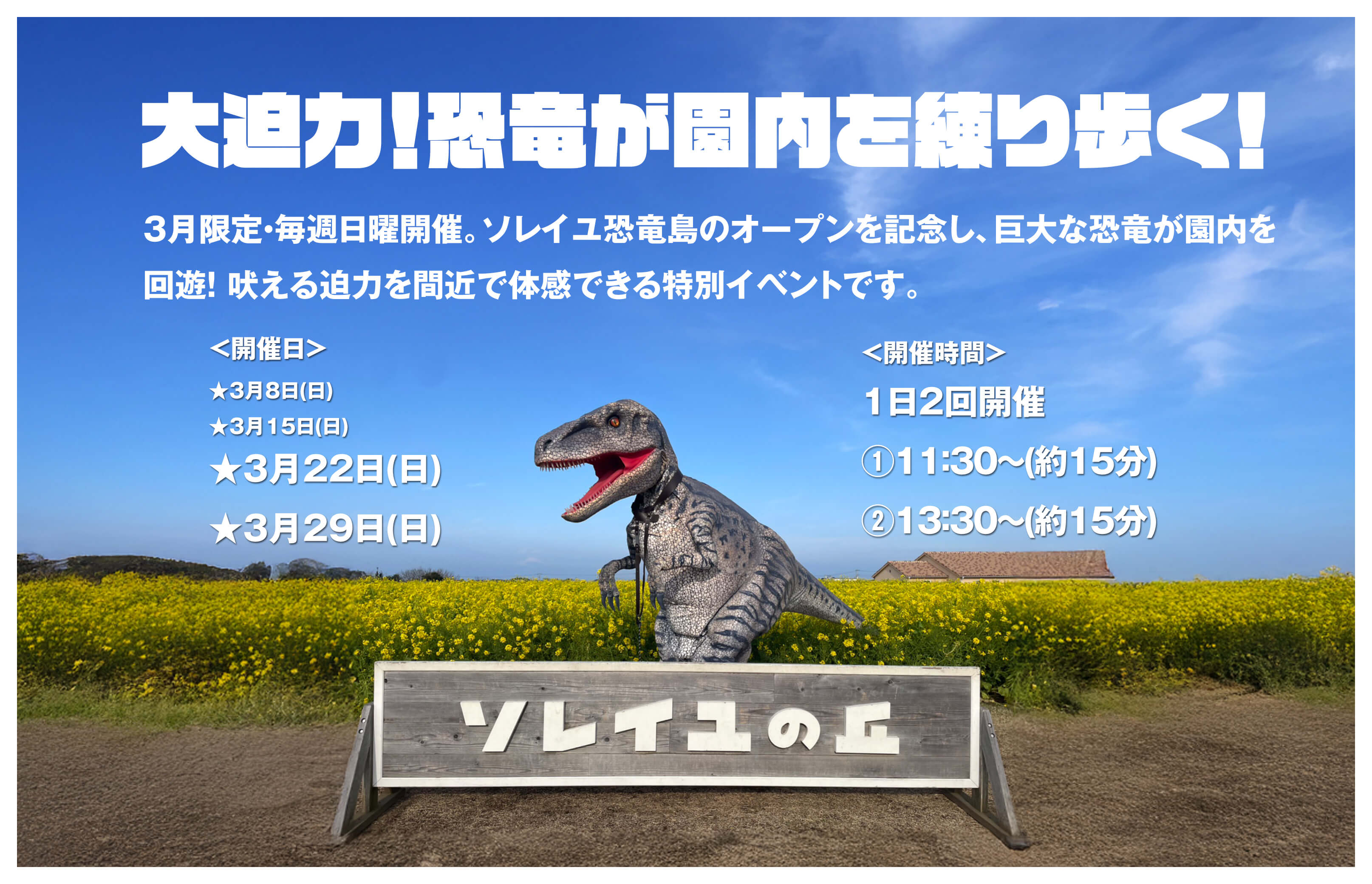 大迫力！恐竜が園内を練り歩く！ 　3月限定・毎週日曜開催。ソレイユ恐竜島のオープンを記念し、巨大な恐竜が園内を回遊！吠える迫力を間近で体感できる特別イベントです。
