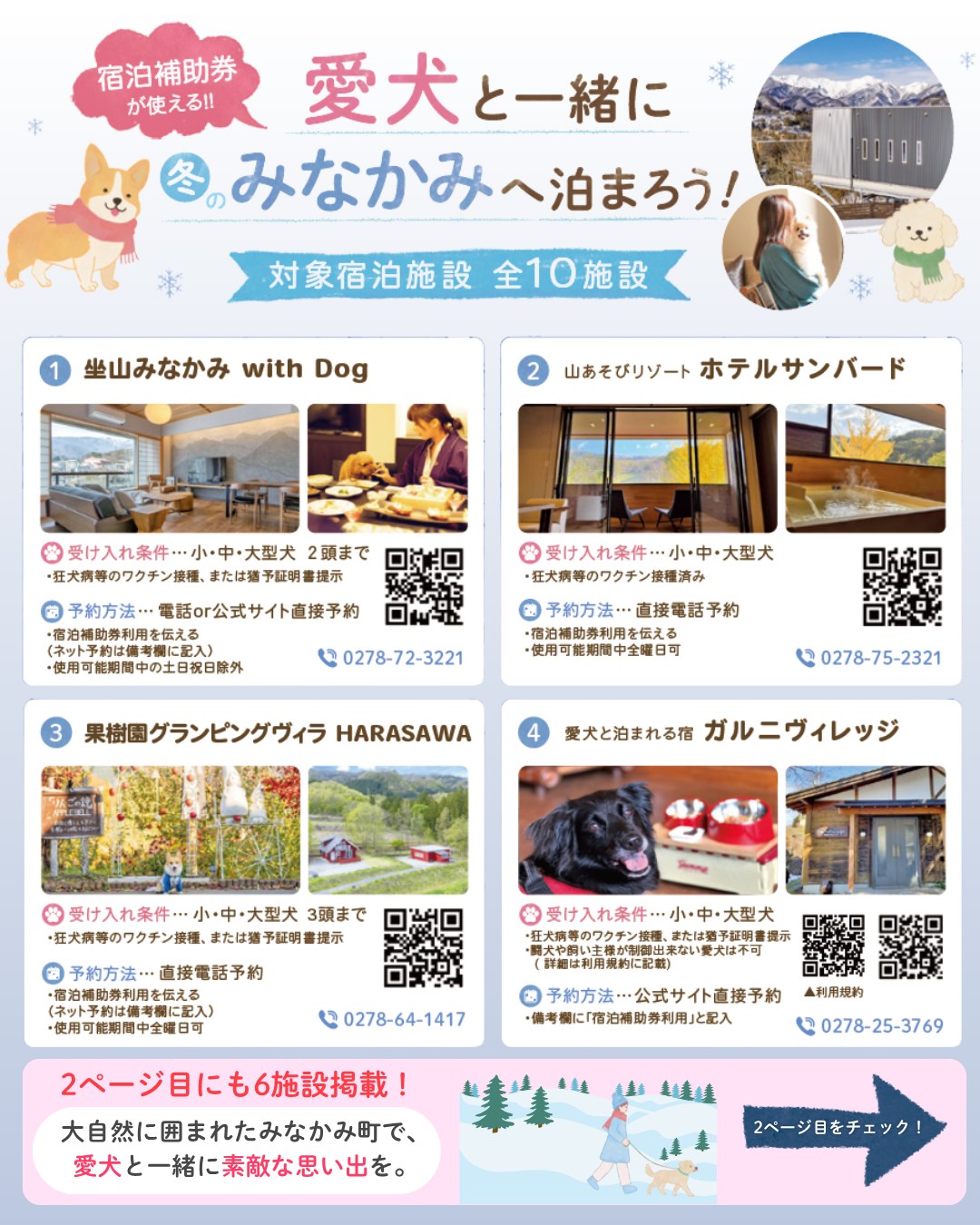 宿泊補助券が使える対象宿泊施設 全10施設のうち1～4施設目：坐山みなかみ with Dog／山あそびリゾート ホテルサンバード／果樹園グランピングヴィラ HARASAWA／愛犬と泊まれる宿 ガルニヴィレッジ