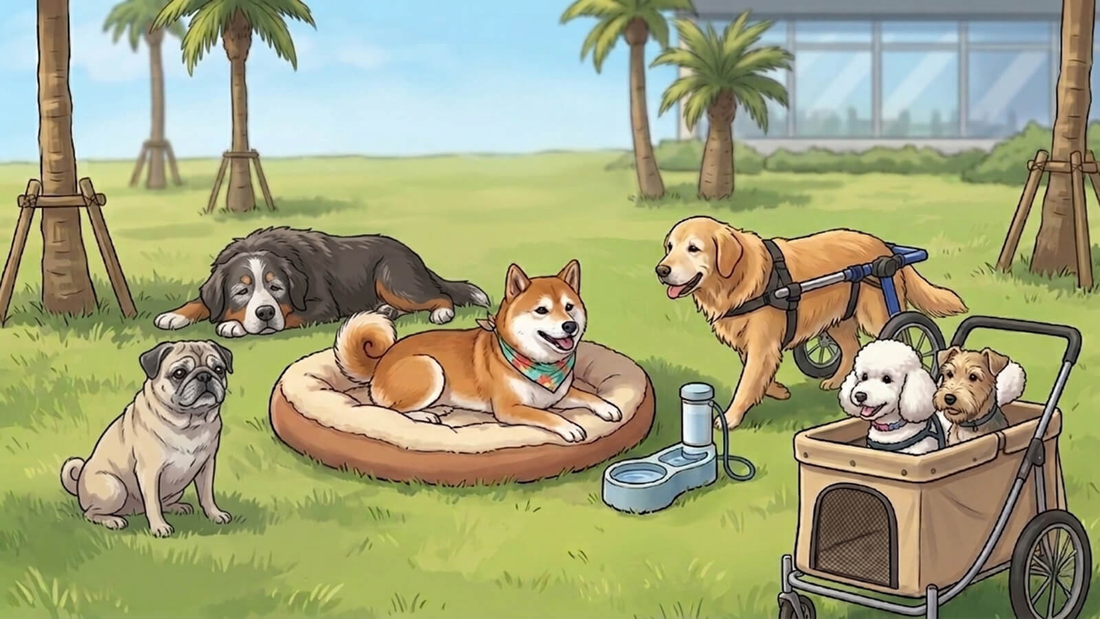 シニア犬や、身体が不自由なハンディキャップを持つ犬がのんびりしているイラスト