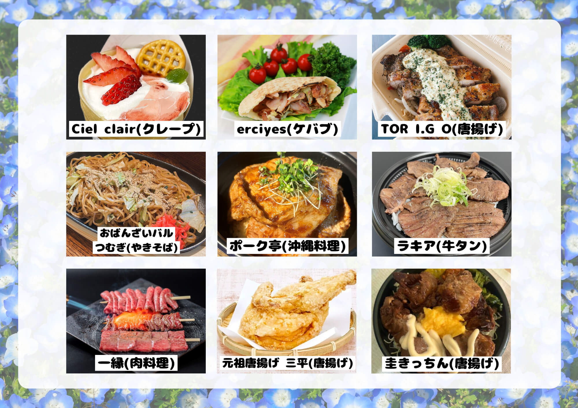 店舗一覧　Ciel clair（クレープ）、erciyes（ケバブ）、TOR I.G O（唐揚げ）おばんざいバルつむぎ（やきそば）、ポーク亭（沖縄料理）ラキア（牛タン）、一縁（肉料理）、元祖唐揚げ 三平（唐揚げ）、圭キッチン（唐揚げ）