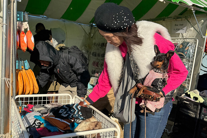 マルシェを楽しむ人と犬