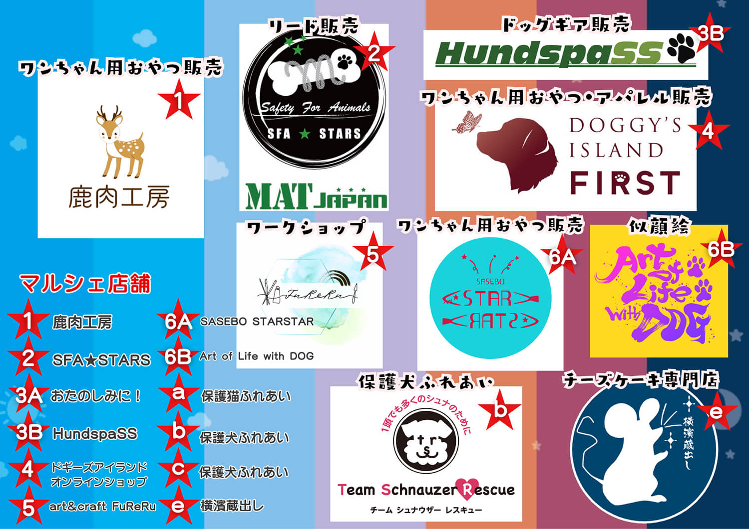 
                マルシェ店舗　
                1.鹿肉工房
                2.SFA★STARS
                3A.おたのしみに
                3B.HundspaSS
                4.ドギーズアイランドオンラインショップ
                5.art&craft FuReRu
                6A.SASEBO STARSTAR
                6B.Art of Lif with DOG
                a.保護猫ふれあい
                b.保護犬ふれあい
                c.保護犬ふれあい
                e.横浜蔵出し
                
