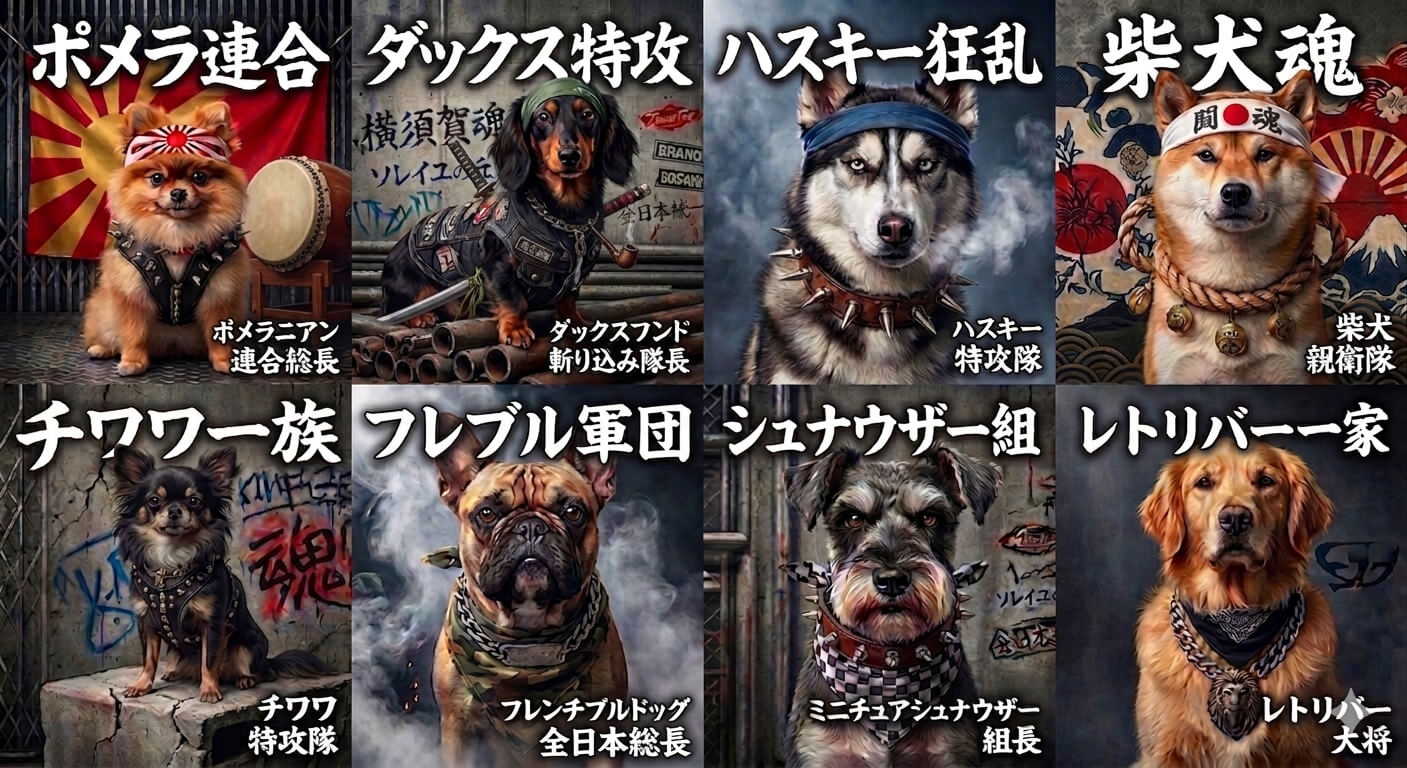 各種の犬が総長や特攻隊などの服を着ているイラスト