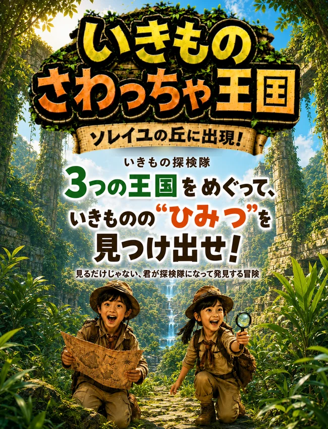 いきものさわっちゃ王国。3つの王国をめぐって、いきもののひみつを見つけ出せ