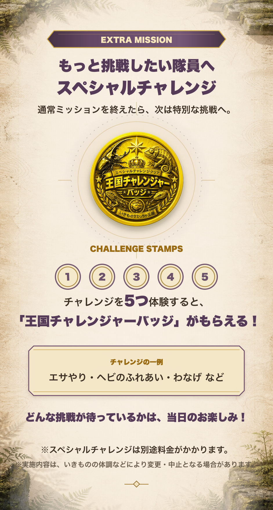 5つのスペシャルチャレンジを体験すると王国チャレンジャーバッジがもらえる。別途料金が必要